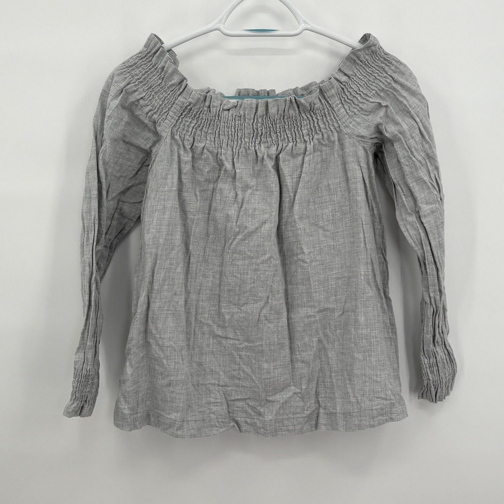 LOFT Petites Grey Cotton Smocked Off‎ the Shoulder Long Sleeve Blouse SP 451424
